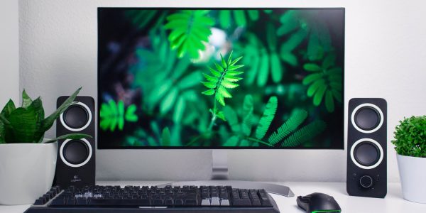 turned-on flat screen computer monitor with speakers and keyboard